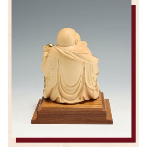 High-quality wooden carved Buddhist statue of Hotei made from cypress wood (15cm high x 11cm wide) - a good luck charm
