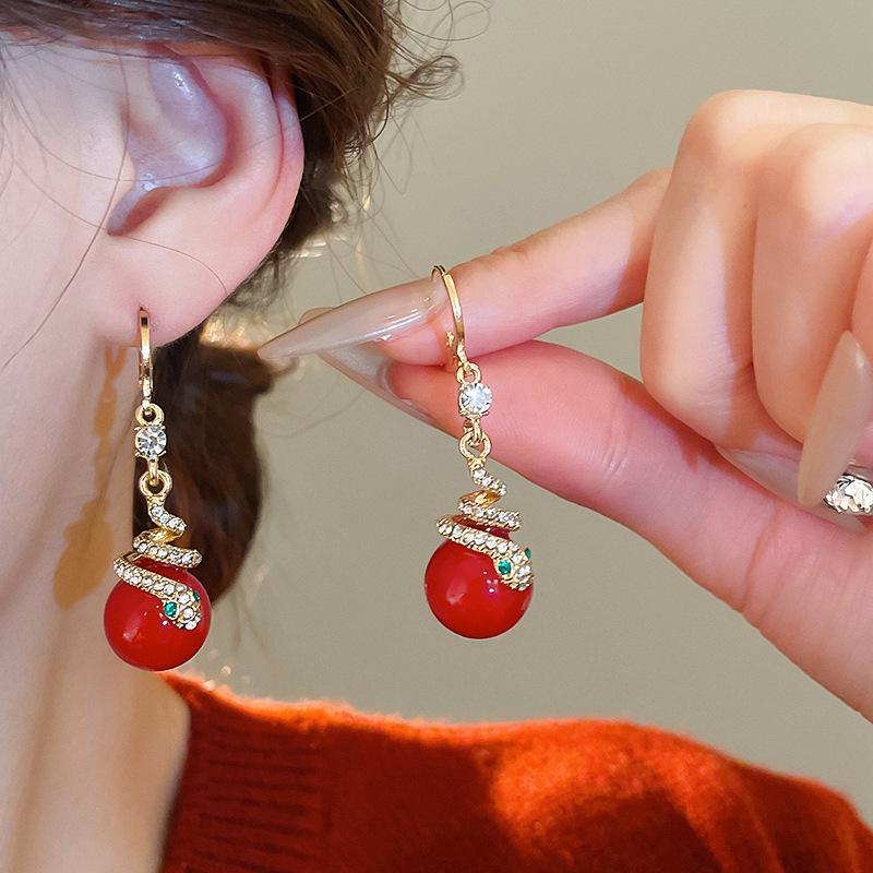 Red Bow Coin Purse Earrings: Silver Needle Retro Snake Lock Studs, New Year High-End Ear Jewelry.