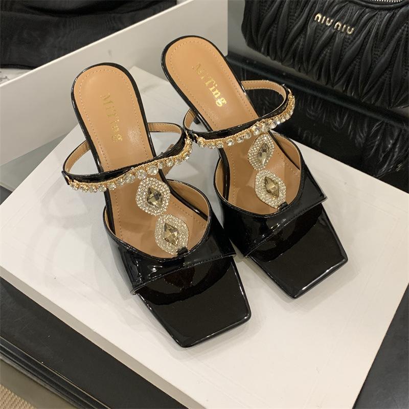 Slippers French Style Vintage Gold Square Toe Elegant High Heels SummerThinBeltGem Thin Heel Open ToeSandals