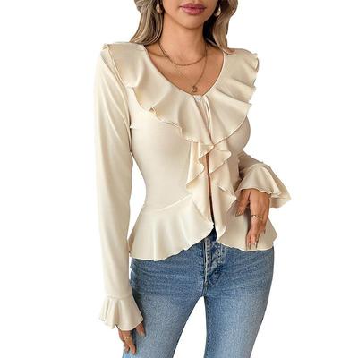 Blusa Larga con Volantes para Mujer, Cuello en V Elegante, Botones, Túnica, Tops de Oficina Modernos