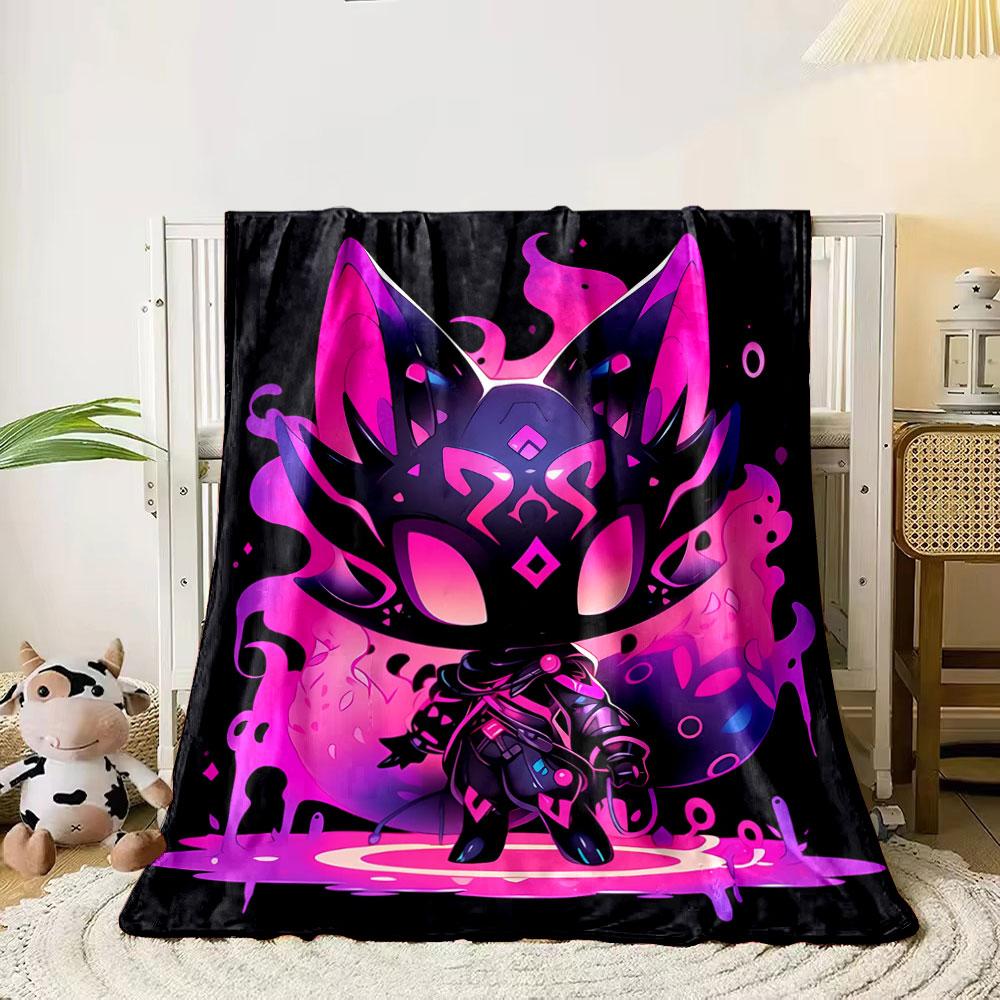 Neon pink and purple fox-like figure with glowing patterns and flames. for all seasons blanket lunch break throw gift 80cm x 120cm