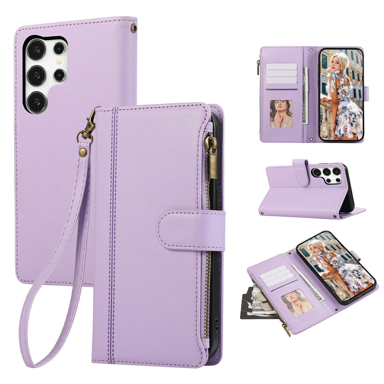 

For Samsung Galaxy S24 Ultra Case Multi Card Slots Zipper Leather Phone Cover with Wrist Strap Purple