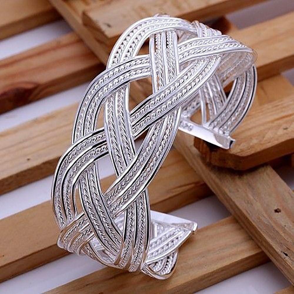 Resizable Wide Open Bangle Silver Woven Bracelet Unique Hollow Charm Bracelet  Gift