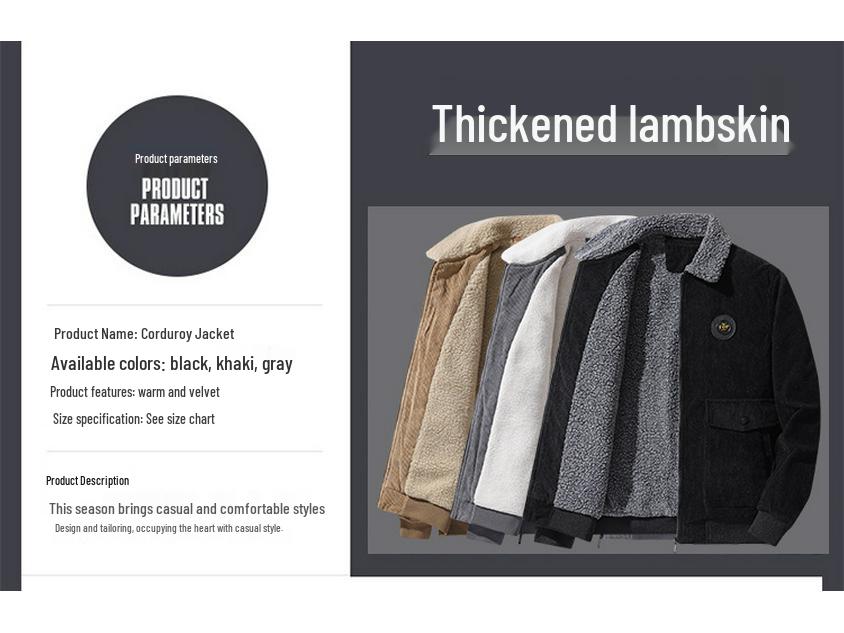 Men's 2025 Corduroy Lamb Wool Coat - Velvet Lined Cotton Winter Jacket