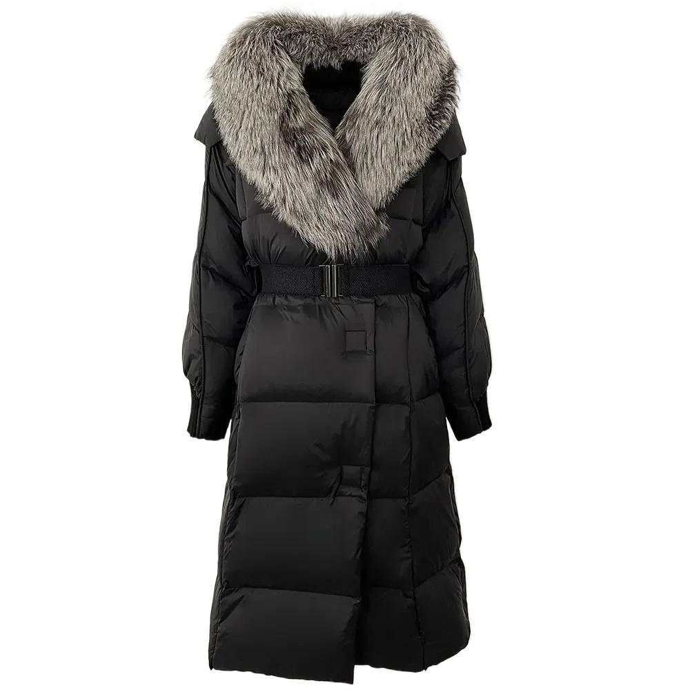OFTBUY Winter Jacket Women Long Natural Real Raccoon Fox Fur Collar White Duck Down Coat Belt Thick Warm Casual Outerwear
