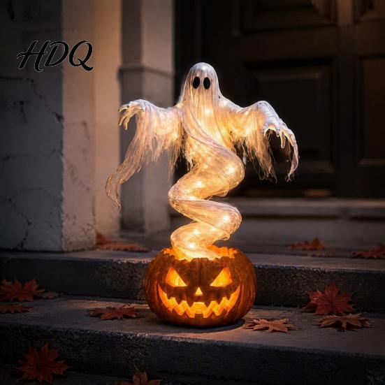 Spooky Ghost Pumpkin Lamps Halloween Swirling Yard Lamp, Lighted Outdoor Holiday Lawn Accents Statue, Warm LED Decoration for Porch Garden Decorative