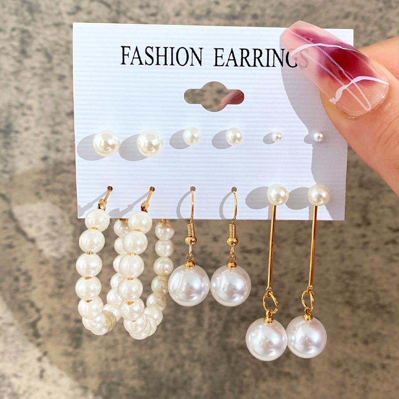 New Gold Color Big Circle Hoop Earring Set for Women Fashion Bohemia Vintage Pearl Earring Heart Zircon Ear Studs Jewelry Gifts