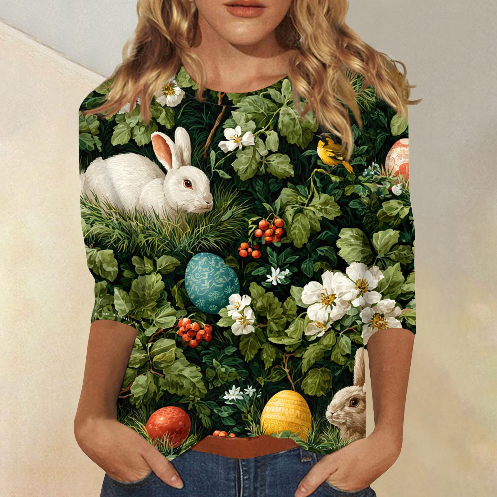 

Women s Fashionable Casual Three-quarter Sleeve Easter Print Round Neck Pullover Top M зелений