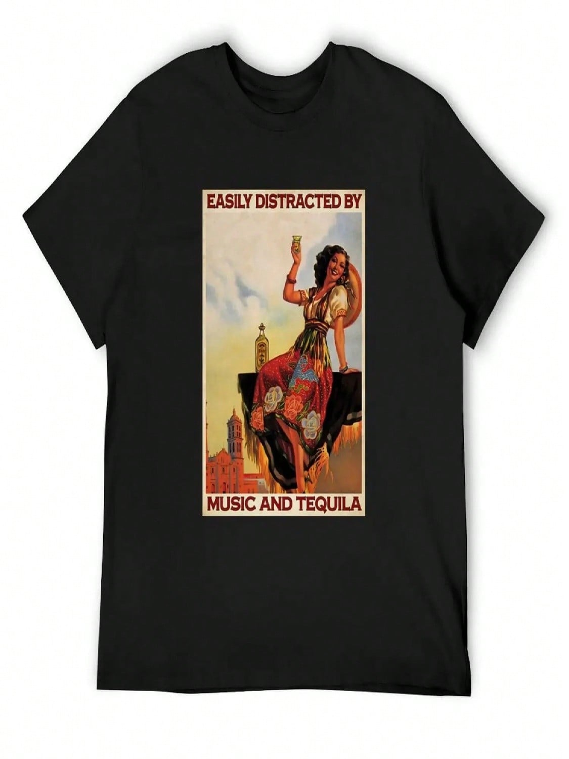 Easily Distracted By Music And Tequila Gift Girl Love Music Tequila T-Shirt Shirts Graphic unisex Graphic T-Shirts Funny S разноцветный