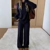 Damen Winter Einfarbige Rundhals Langarm Strickoberteil Hose Lässiges 2-teiliges Set