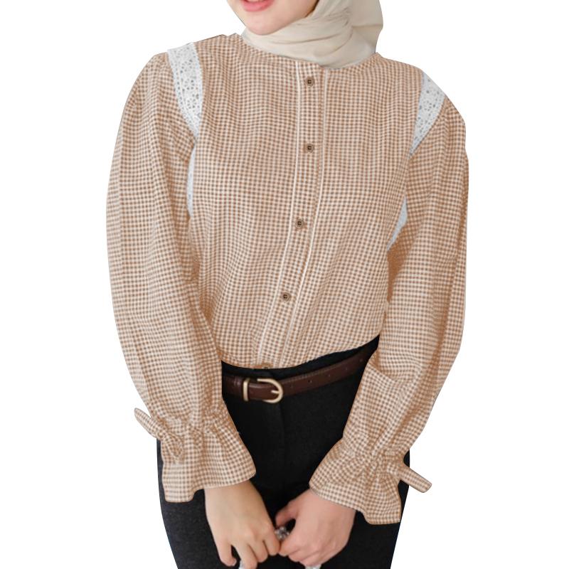 

ZANZEA Women Lace Patchwork Casual O-neck Long Sleeve Grid Blouse 5XL хаки