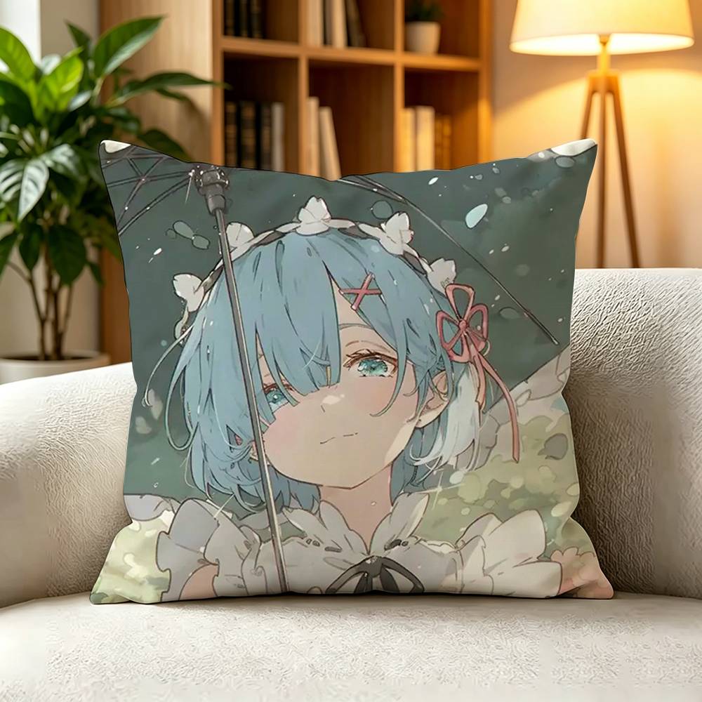 RReZERO Rem Blue Hair Oni Girl Square DoubleSided printed Pillow Case Bedroom Bedside Pillow Sofa Cushion Cover