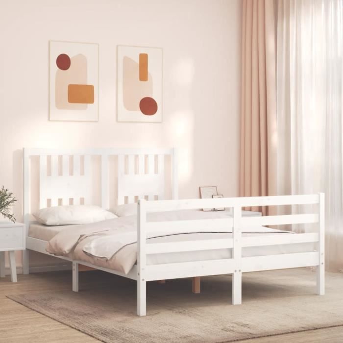 VidaXL Bed Frame with Headboard White 140x190 Cm Solid Wood 3194552