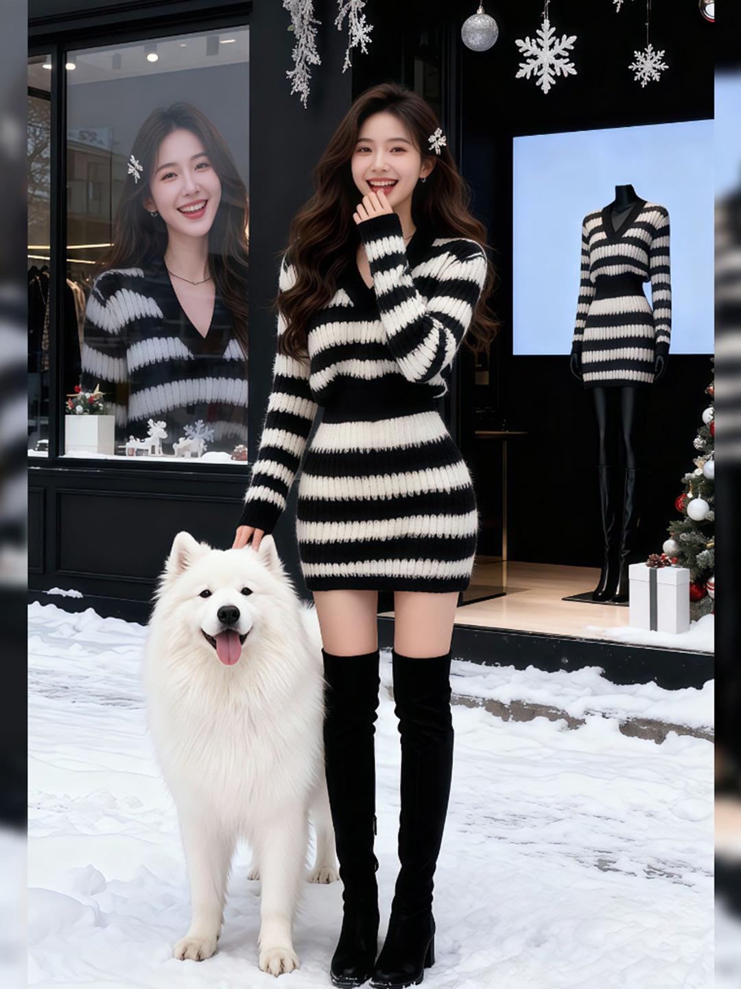 

Korean Style High-End Waist-Cinched Striped Dress with Long Sleeves and Figure-Flattering Skirt Large