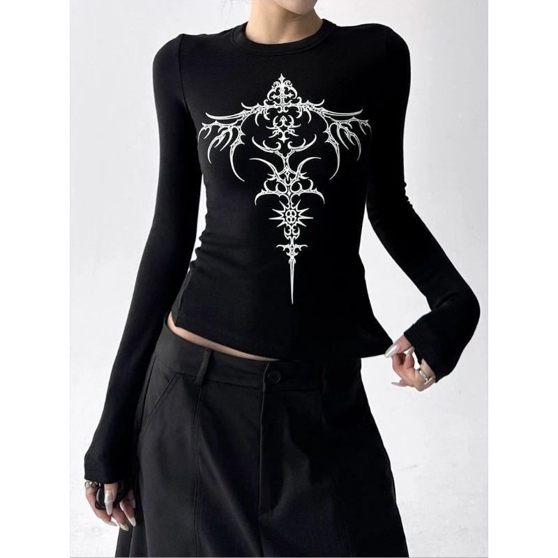 American Retro Printed Long-sleeved T-shirt for Women Velvet Autumn and Winter Slim Bottoming Shirt Trendy Top