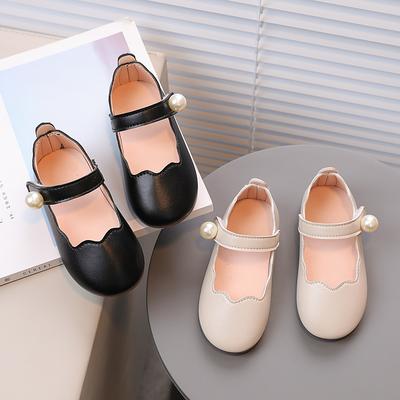 Sapatos Mary Janes de Pérola Rasos Pretos Bege Couro PU Infantil Princesa Quatro Estações 21-30 Flexíveis Versáteis Sapatilhas Infantis