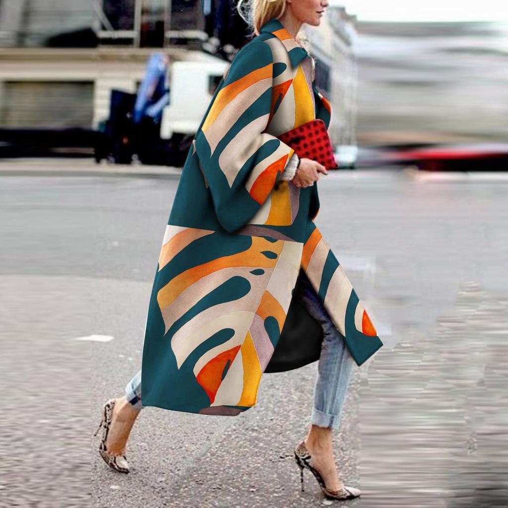 Fashion Women Printed Pocket Jacket Outerwear Cardigan Overcoat Long Trench Coat