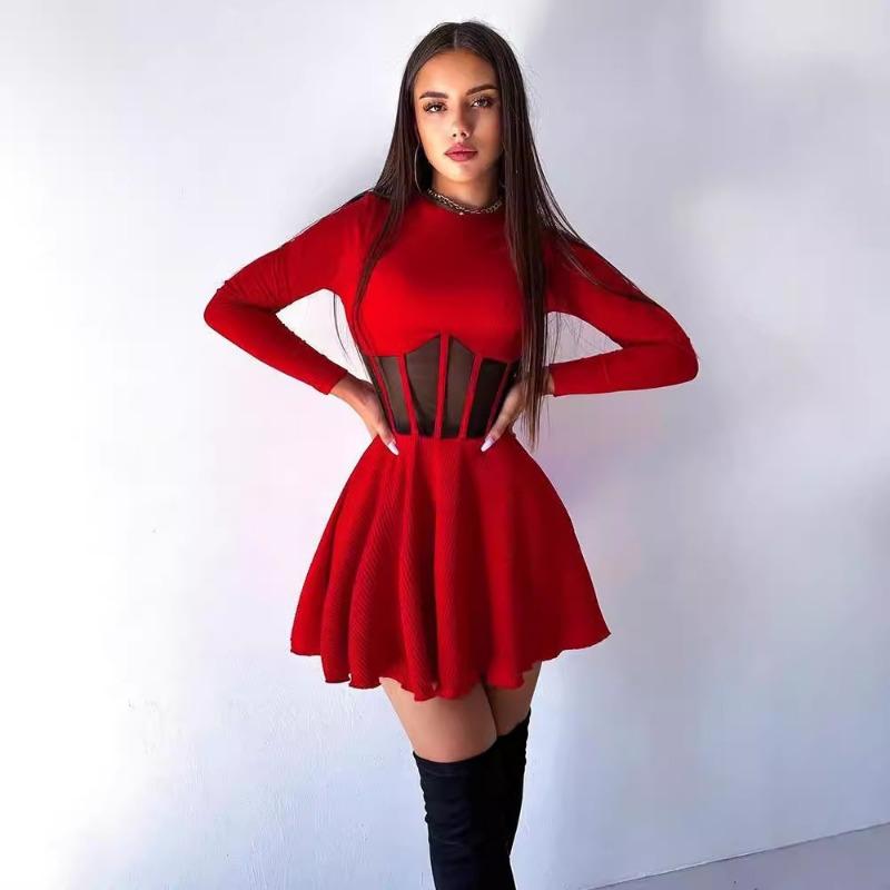 Women's Autumn Winter Fashion Round Neck Long Sleeve Dress Mesh Stitching Thin A-line Dress