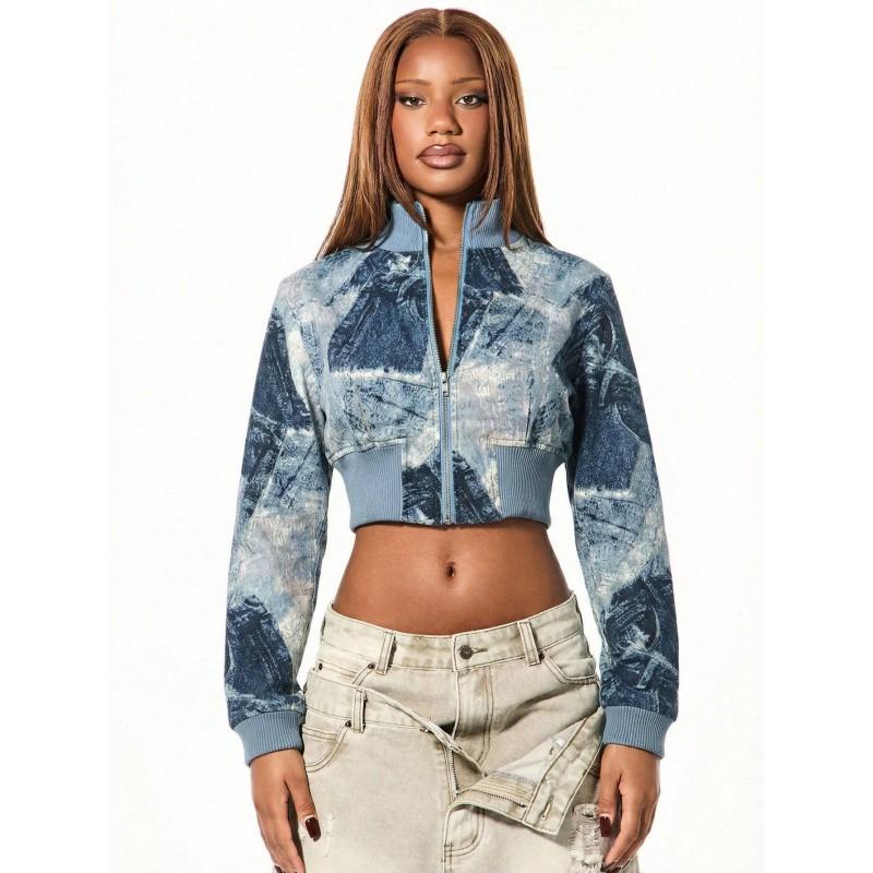Y2K Camo Cropped Jacket Women - Stand Collar Zip Up Slim Fit Streetwear