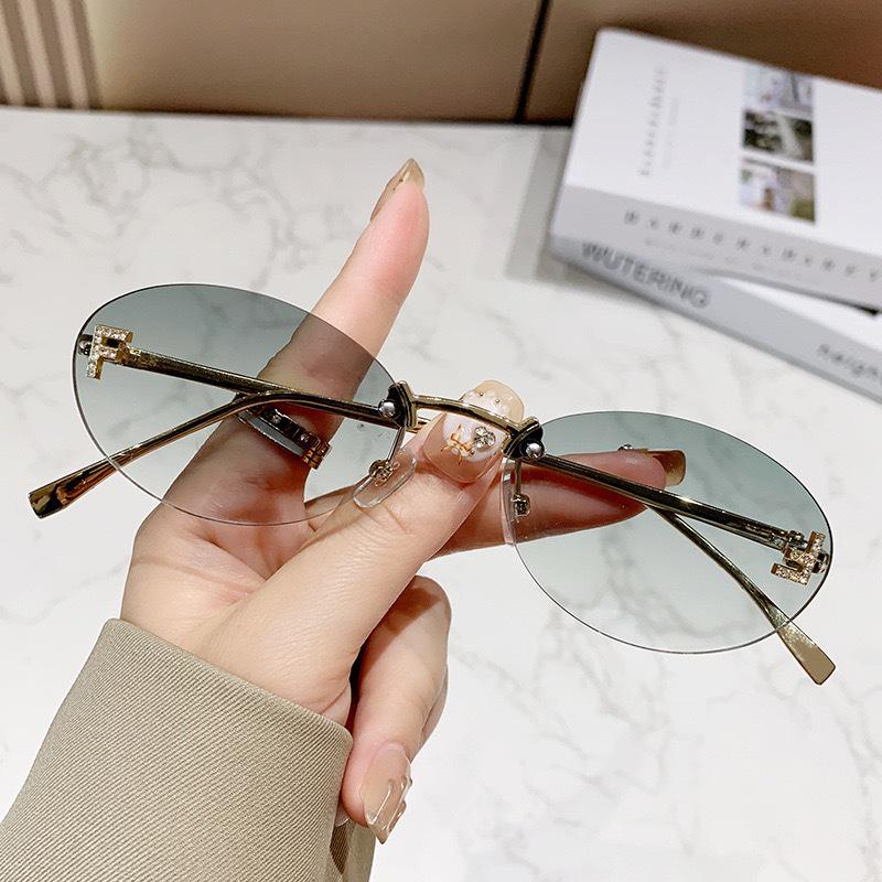 Women's F-Initial Rimless Oval Sunglasses with Diamond Accents - Fashionable European & American Trend, Small Frame, Sun Protection