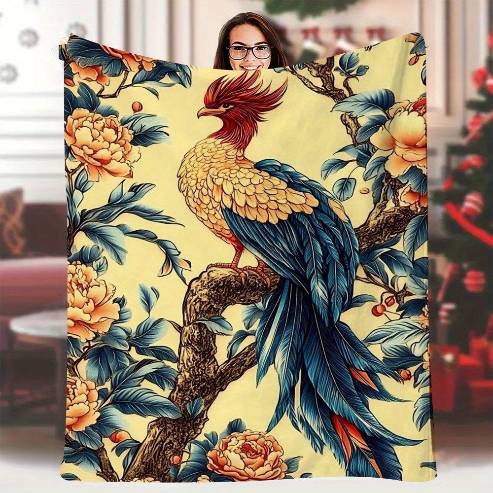 

1pc Vintage Phoenix & Peony Floral Print Throw Blanket, 60x80 Inch, Soft Fabric, Single-Sided Design, All-Season Cozy Sofa 70x100cm28x39in