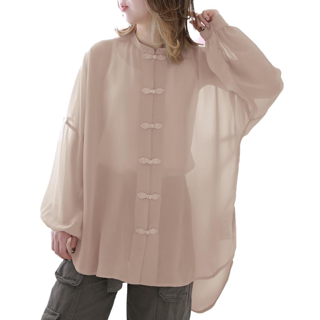 Oshare Walker Sheer Chinese Long Chinese Mao Puff Voluminous Pastel Tfn0383 n'OrLABEL Blouse, Women's Top, Sleeves, Buttons, Collar, Stand-Up Collar,