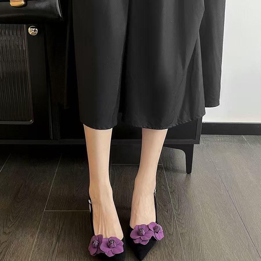 Back space buckle with pointed toe high heels 2025 new French temperament beautiful flower thin heel toe sandals for women