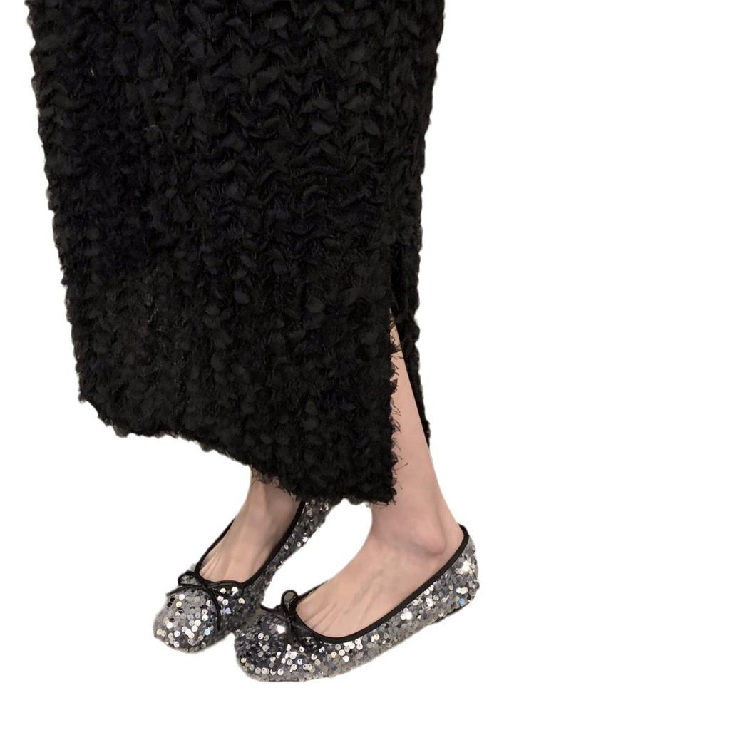 Single shoes fairy shoes 2025 new spring autumn and winter flat temperament silver sequins French black gentle evening shoes