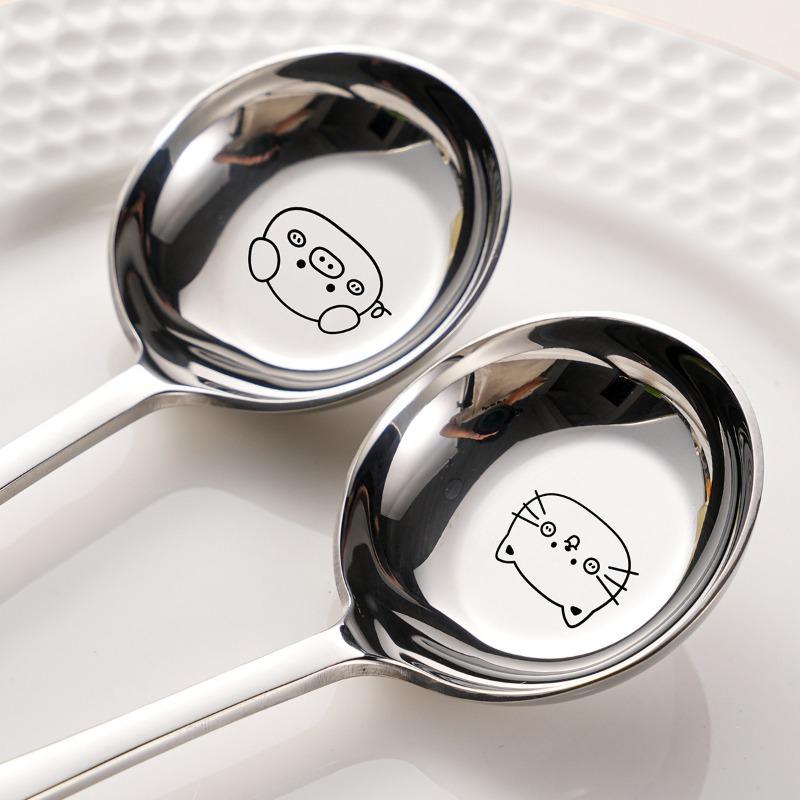 1PC Round Head Big Soup Spoon Cartoon Stainless Steel Food Grade Spoon Kids Household Flat Bottom Deep Spoon Tableware