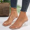 Summer Women High Heel Shoes PVC Transparent Cool Slipper Square Head Thick Heeled Slippers Crystal High Heel Slippers for Women