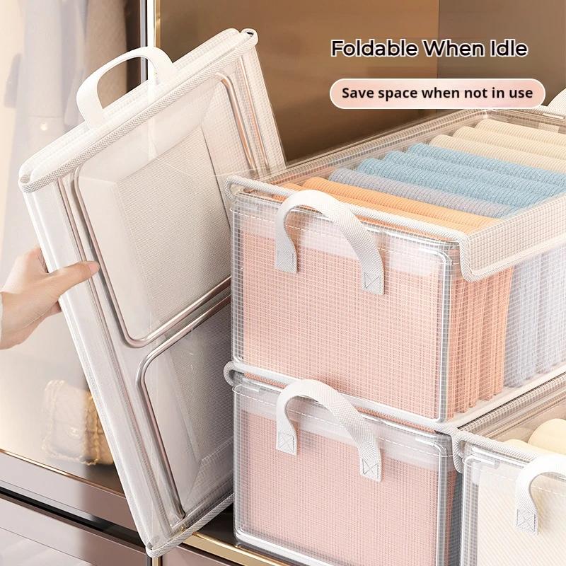 Foladable Clothes Storage Box Transparent PVC Wardrobe Organizer Underwear Socks Storage Basket Household Storage Artifac