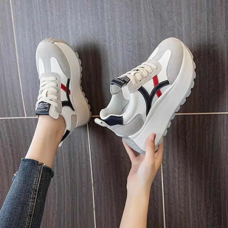 Fashion Top quality 8cm Genuine Leather Platform Wedge Women Spring Autumn Chunky Sneakers Shoes Breathable Comfortable Vulcanize boots