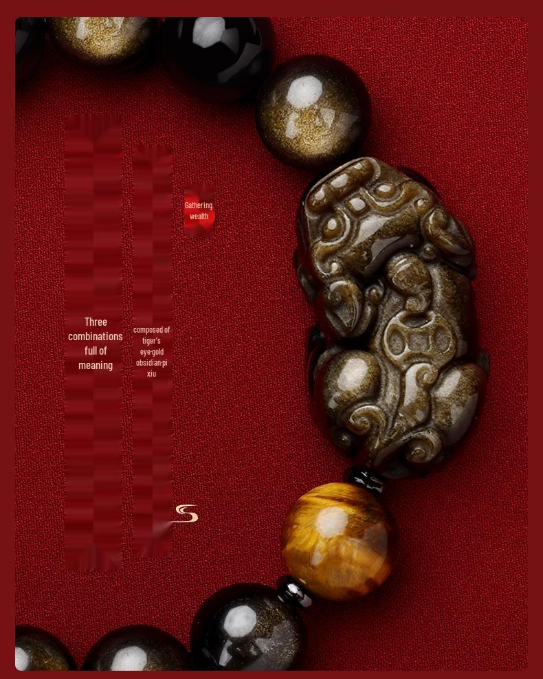 Pi Xiu Gold Obsidian & Tiger's Eye Bracelet with Heart Sutra - Year of the Snake Lucky Charm for Gifts