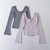 American Spicy Girl Striped Backless U-neck Long-sleeve Slim-fit T-shirt for Women's Autumn/Winter