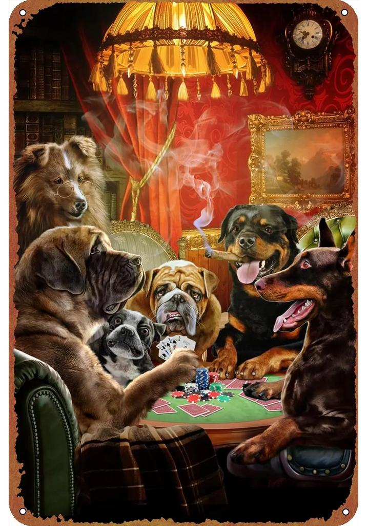 Dog Playing Poker Game Game Poster Tin Sign Cafe Bar Home Wall Art Decoration Retro Metal Tin Sign 8x12 Inch