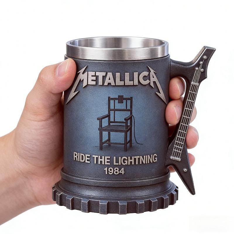 Metallica 3D Relief Kaffeetasse, Zahnradförmiger Sockel & Elektrische Gitarre Griff, Premium Harz & Stahlkrug für Metalheads