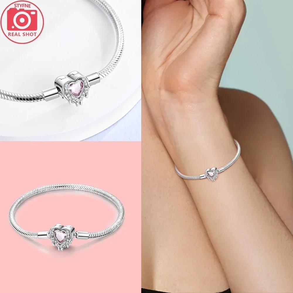 925 Silver Pink Heart Bracelet Shiny Zircon Fit Charms Silver 925 Bracelet DIY Jewelry Making Fine Gifts for Women