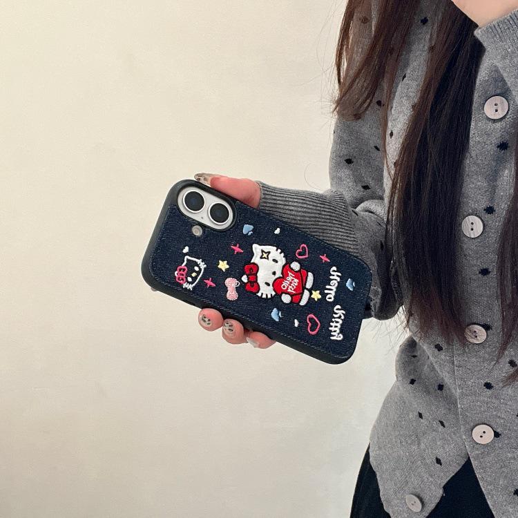 Embroidered Kitty Cat Denim Phone Case for iPhone 15 Pro Max