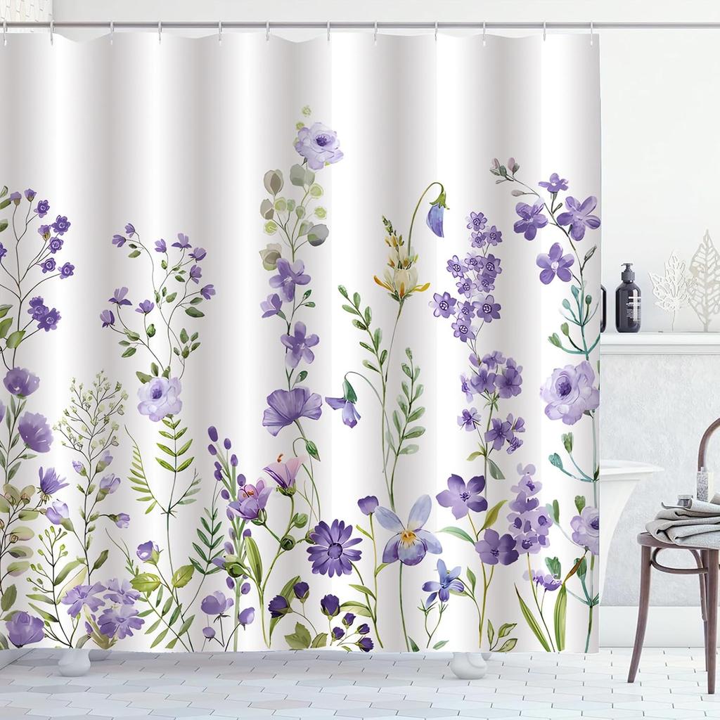Grey Floral Shower Curtain Watercolor Tulip Flower Shower Curtains For Bathroom Waterproof Polyester Fabric Bathroom Curtain