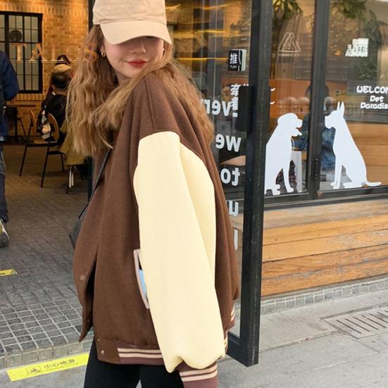 Damer Baseballjakke Fargeblokk Elastisk Mansjett Kant Ståkrage Unisex Løstsittende Overbekledning Enkeltspent Retro Amerikansk Stil Streetwear Parjakke