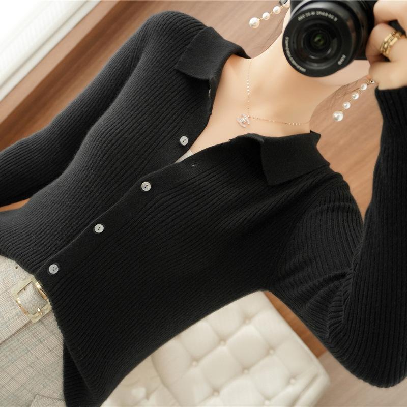 New Shirt Women's Long Sleeve Knitted Cardigan Jacket Slim-fit Large Size PO Neck Sweater Solid Color Button Top