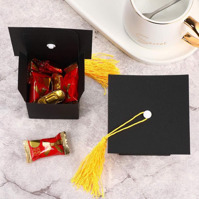 Abschlusskappe Geschenkbox Schwarzer Karton DIY-Montage Mit Quaste Süßigkeiten Mitgebsel Verpackungsbox Für Abschlussfeier Dekoration Und Kleine Geschenke