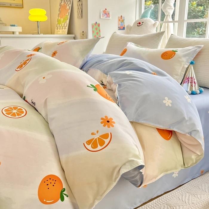 small fresh pure cotton abraded four-piece set, skin-friendly bed sheet washed cotton quilt cover, dormitory three-piece set