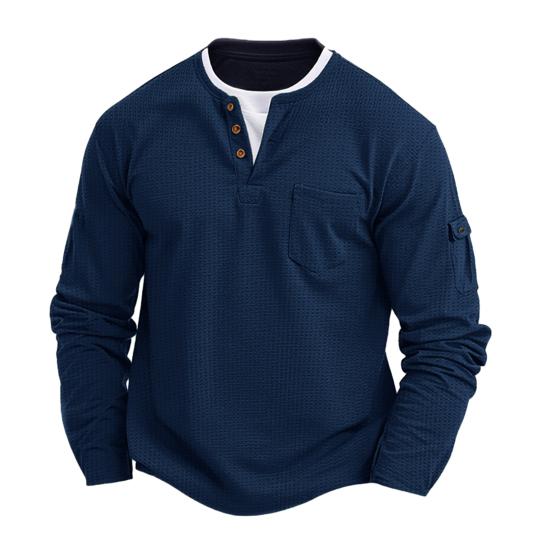 

Men Fake Layered Shirt Long Sleeve Fake Two-Piece Waffle Shirt with Pockets Casual Loose Fit Textured Pullover for Sports Travel Office Street S темно-синього кольору