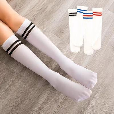 Children's Mid-calf Dance Socks, Thin Velvet Girls' Over-the-knee White Three-stripe Student Socks