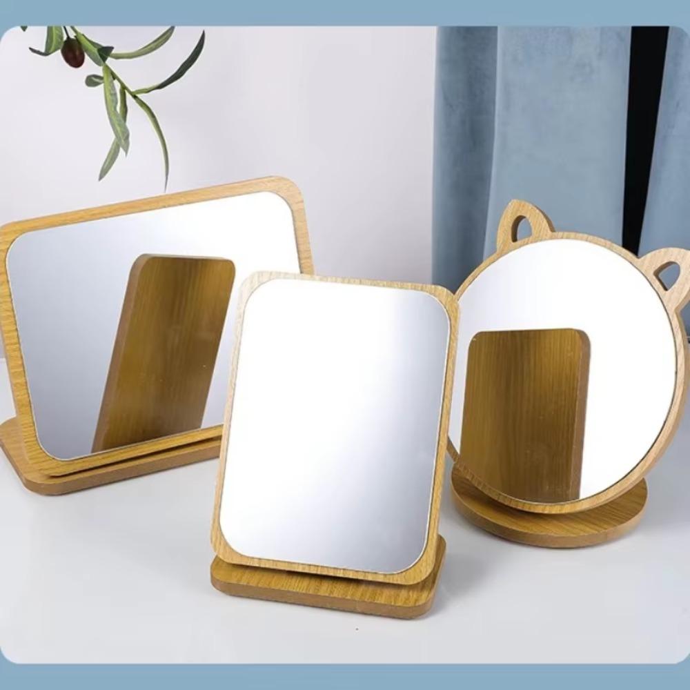 Simple Wooden Vanity Mirror Single Sided Folding Design Makeup Mirror Rotating HD Desktop Mirror Design Perfect for Home