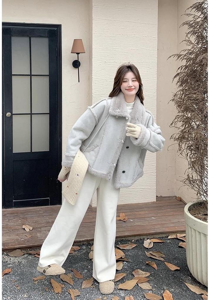 Damen Winter 2025 Blauer Pelz Lammwolle Mantel - Fauler Stil Wildleder Samt Baumwolle Kurze Jacke