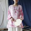 Johnature Women Tie-dye Pink T-Shirts Autumn Tees O-Neck Bat Sleeve Loose Clothes Female Cotton T-Shirts
