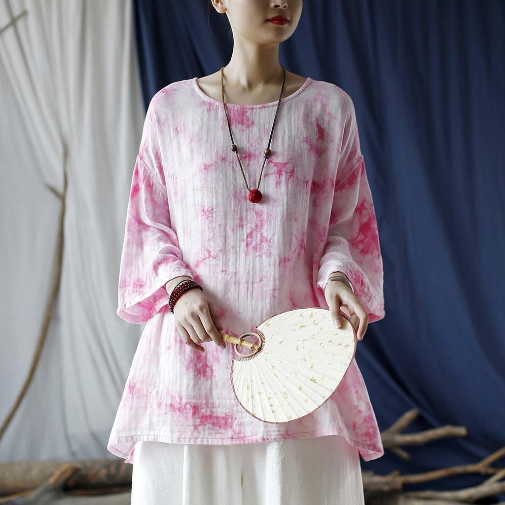 Johnature Women Tie-dye Pink T-Shirts Autumn Tees O-Neck Bat Sleeve Loose Clothes Female Cotton T-Shirts