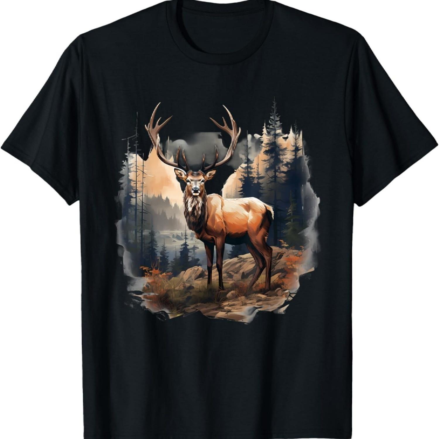 Deer Forest Landscape Wildlife Artwork Nature Animal Lovers T-Shirt S